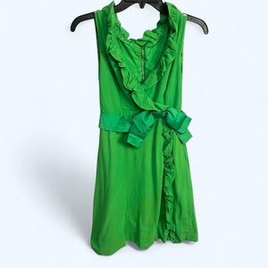 Vintage ILGWU faux wrap satin ribbon green mini dress Union made USA ruffles